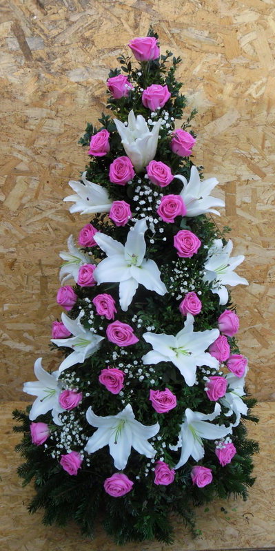 Koszorú - Lila rózsás és fehér liliomos gyertya 
