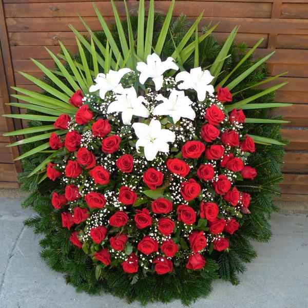 Koszorú - Vörös rózsa fehér liliom ékkel